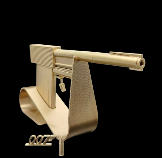 Angled front view of the Golden Gun style prop – 3D printed fan-made full set for display or cosplay
