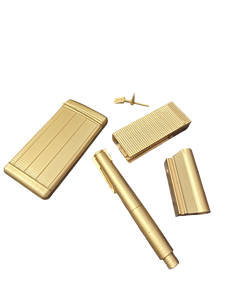 Collapsible Golden Gun style prop – full set of 3D printed parts inspired by James Bond 007, laid out on white background
