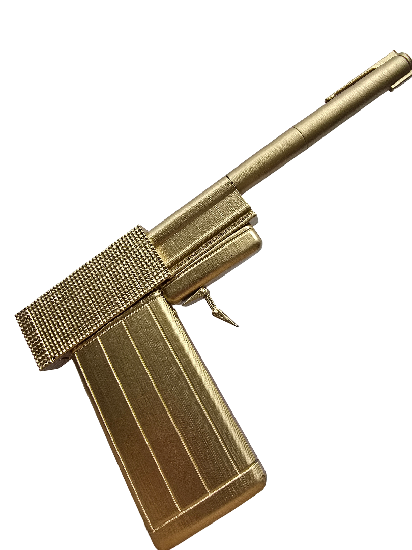 Angled front view of the Golden Gun style prop – 3D printed fan-made full set for display or cosplay
